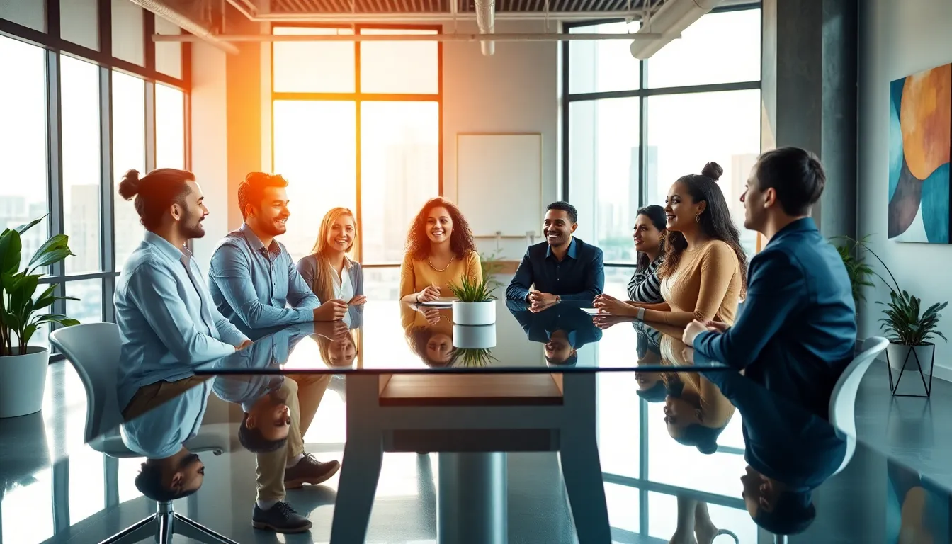 diverse team in a modern office discussing joy and spirituality.