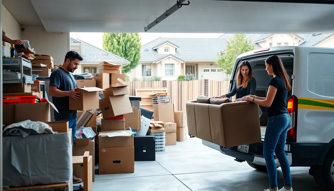 Diversified team sorting junk in a Fresno garage for hauling.